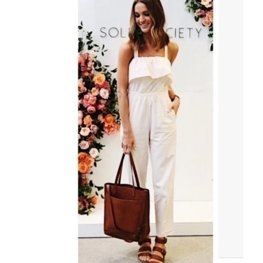 Madewell Apron Ruffle Linen Blend Jumpsuit in Cream‎ H8825 Size S